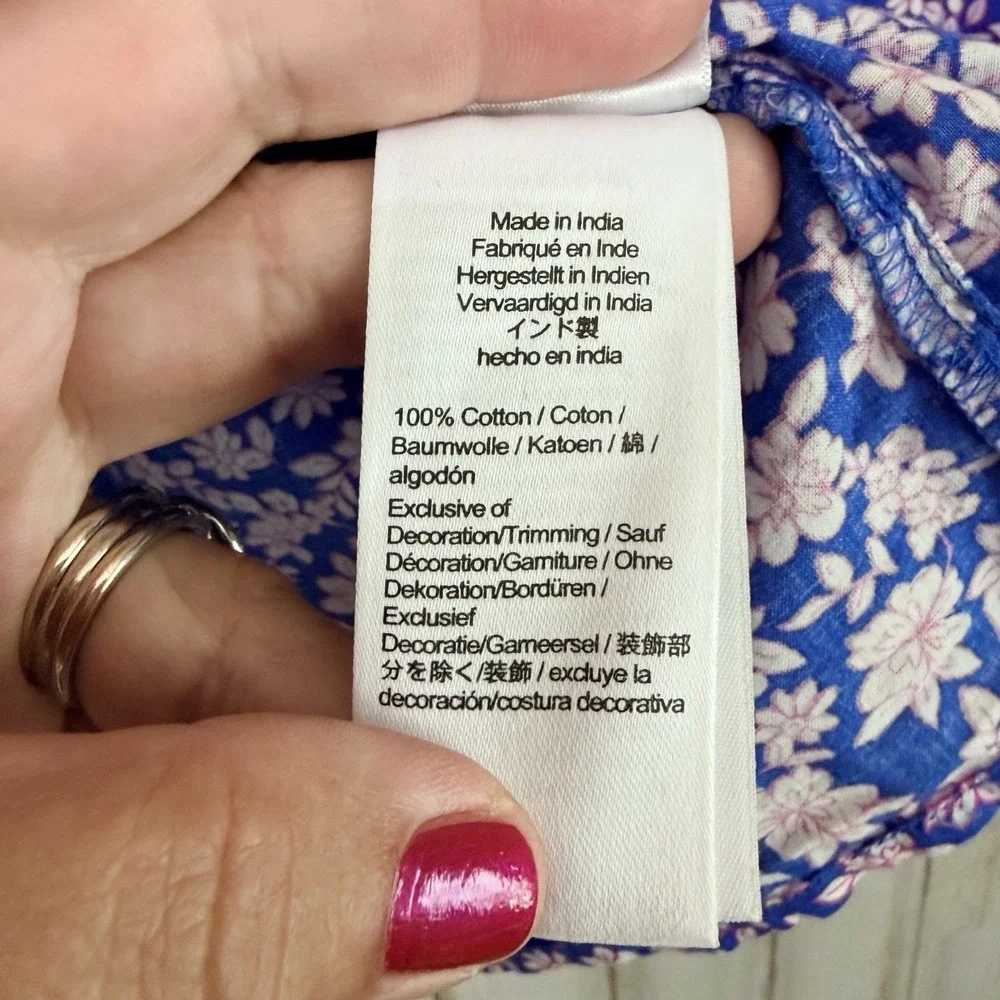 J Crew Floral Ruffle Shoulder Popover Blouse XL Blue Pink Floral Boho Summer